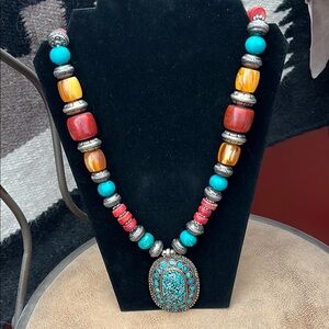 Turquoise and Red Beaded Necklace